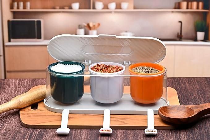 Home Kitchen 3 Grid Seasoning Spice Box Kit with Spoon